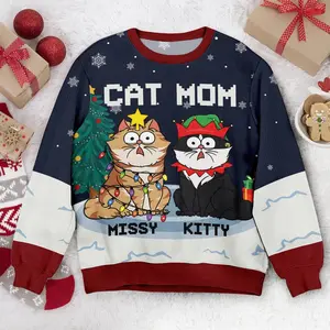 Personalized Cat Meowy Catmas Ugly Christmas Sweater Retro Trendy Ugly Sweater, Sweater Lover Gift For Dad Gift For Mom Outfit For Family Holiday Menswear Baseball