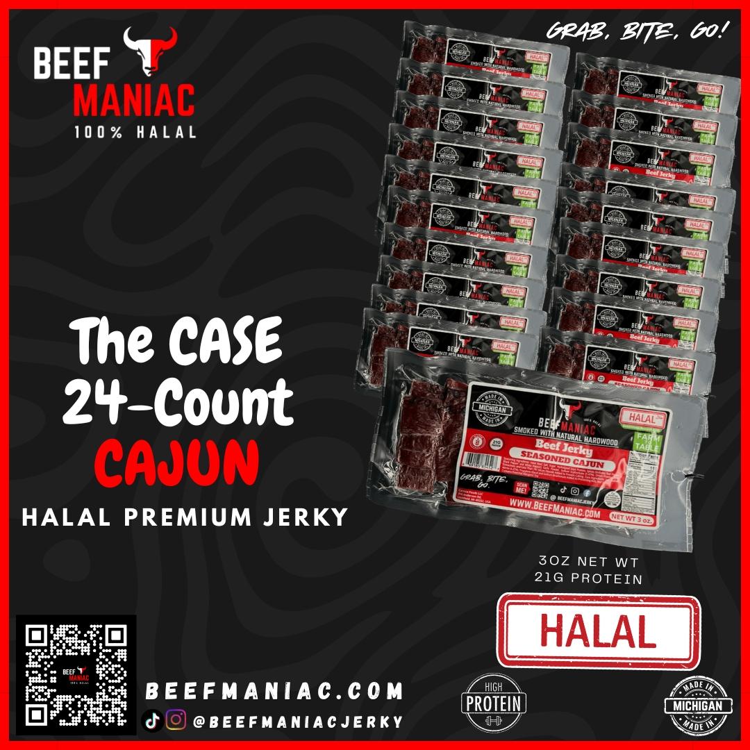 Halal Beef Jerky Case 24-Count Cajun by Beef Maniac | Natural Hardwood Smoked Premium Jerky Made in Michigan
