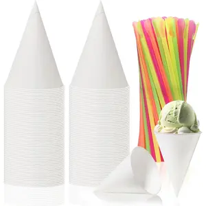 50 Pieces Snow Cone Cups 4.5 OZ Leakproof Matching 50 Pieces Spoon Straws for Snow Cone Syrups Slush Shaved Ice Cream Sorbet Water