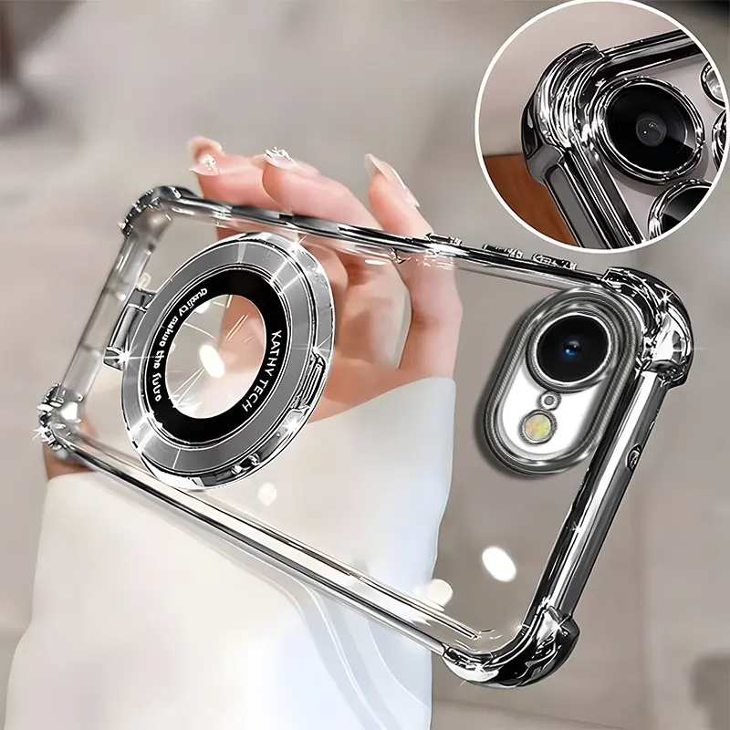 Suitable for [iPhone 16e] high-end phone case🥰, Electroplated Luxury Clear Phone Case with Ring Stand Holder 4-Corner Shockproof Camera Protective Cover 952