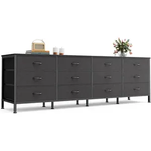70 Inch Black Dresser for Bedroom, TV Stand for 65, 75, 80 Inch TV, 12 Fabric Drawer Long Dresser, Wide Chest of Drawer, Storage Units for Living Room