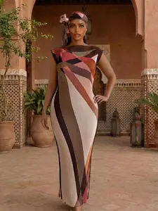 Elegant Ruffled Slim Fit Long Dress Set, Striped Robe Shawl + Long Silk Scarf, Women's Beach Sun Protection Wrap, All Seasons