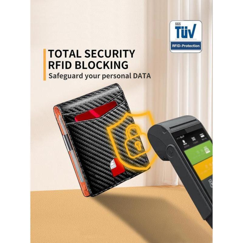 Men's carbon fiber textured card holder with card slots, ultra-thin card holder with bill clip, RFID shielded bi-fold card holder, ultra-thin credit card holder.