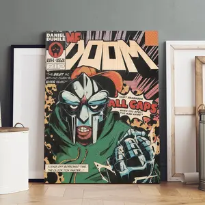 1 Count wooden frame canvas, MF DOOM retro comic style rap poster, fashionable home art wall decoration, modern living room bedroom decoration, exquisite gift