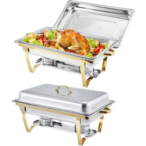 8 Qt Chafing Dish Buffet Set of 2 – Gold Stainless Chafer and Buffet Warmer Set with Lid, Rectangular Food Warmers for Parties, Weddings, Catering Events