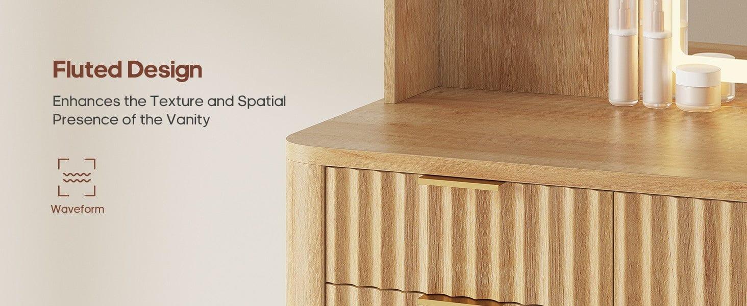 Sikaic 51.2" Fluted Makeup Vanity Desk with 30.3" Lighted Mirror, 5 Drawers, 6 Open Shelves & 2 Cabinets, Power Strip Included, Modern Oak Dressing Table with Solid Wood Legs for Bedroom Sikaic 51.2" Fluted Makeup Vanity Desk with 30.3" Lighted Mirror, 5 Drawers, 6 Open Shelves & 2 Cabinets, Power Strip Included, Modern Oak Dressing Table with Solid Wood Legs for Bedroom