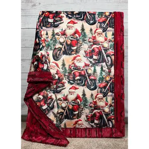 Motorcycle Santa on Red Luxe Large 55x79 Minky Blanket