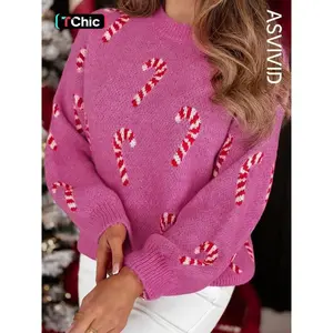 Women's Casual Christmas Cane Candy Holiday Drop Shoulder Pullover Sweater, Loose-Fit Letter Pattern, Fall & Winter Fashion, Soft Knitwear