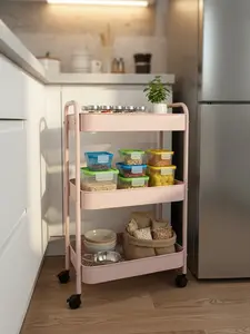 Three-Tier Rolling Utility Cart with Wheels Space-Saving Storage Organizer for Kitchen Bathroom Office Dorm Easy Assembly 6 Hooks Metal Design