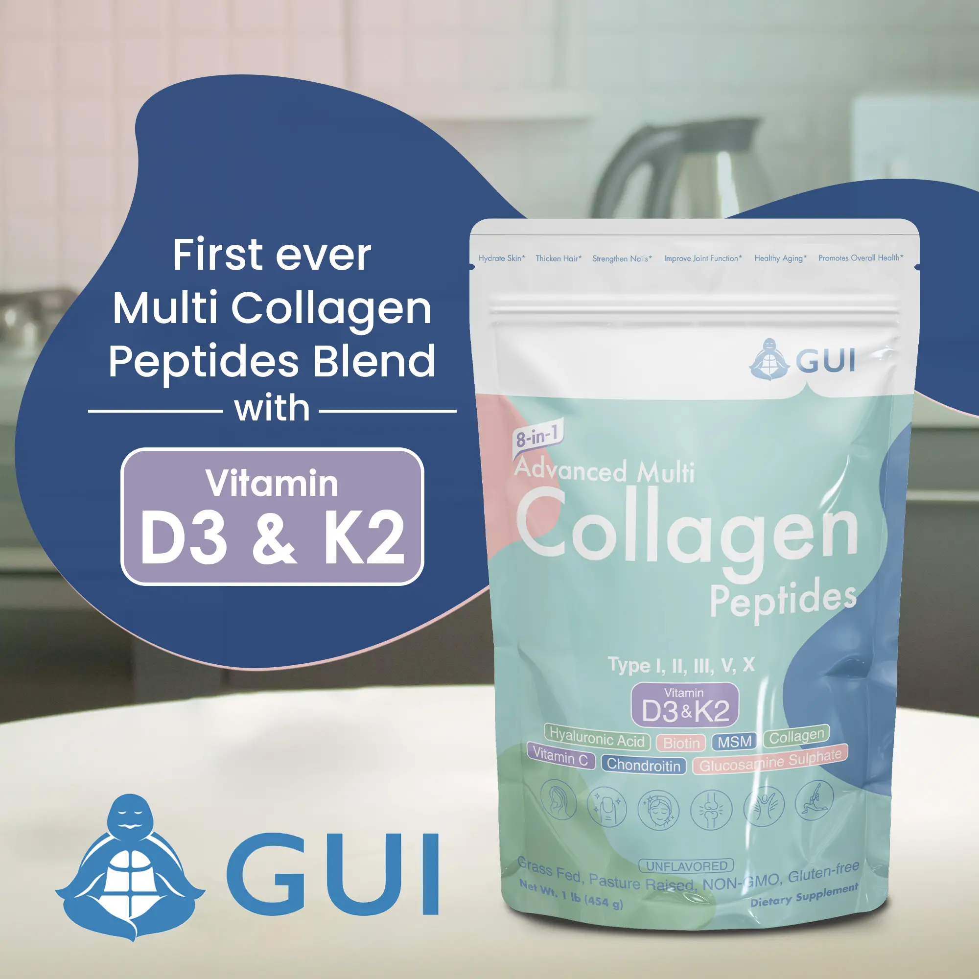 8-in-1 Advanced Multi Collagen Peptides Powder - Type I, II, III, V, X with Vita...