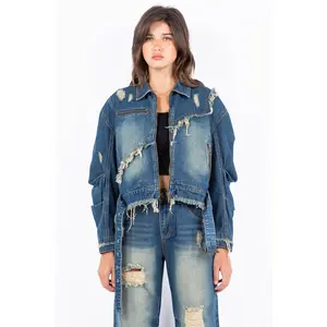 American Bazi Full Size Distressed Frayed Edge Zip Up Denim Jacket Plus Size