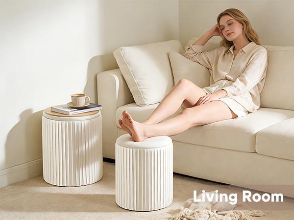 2-Piece Round Storage Ottoman Set - Velvet Vanity Stool with Storage, Green Small Footstool for Bedroom & Living Room, Multi-Use Coffee Table Ottoman, Beige