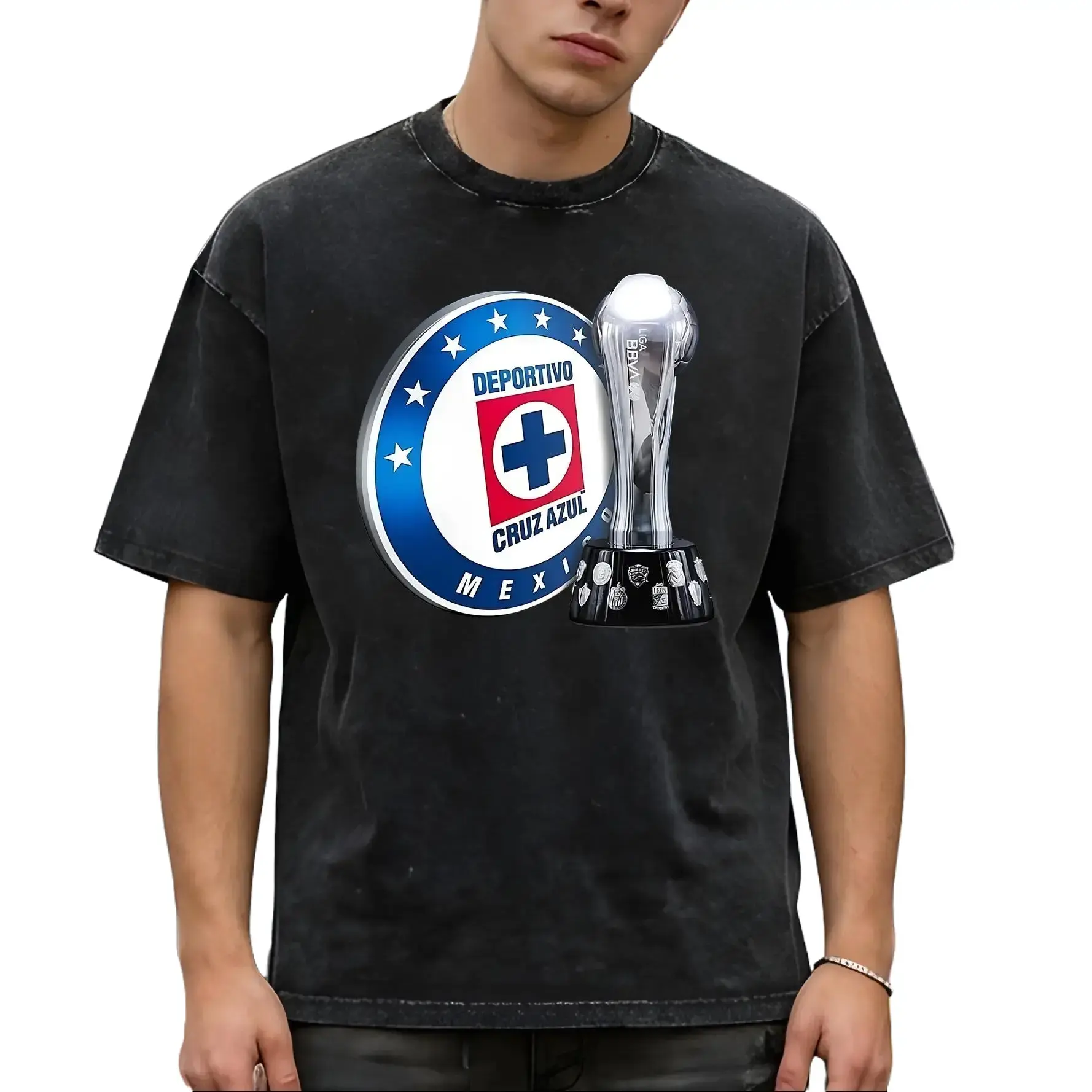 Men's Cruz Azul Liga MX Vintage Graphic Tshirt - 100% Cotton, Retro Washed Finish, Soft Oversized Menswear Casual Soccer Football Streetwear Top, Vibe, Team Logo, Soccer Drip, Old School Cool