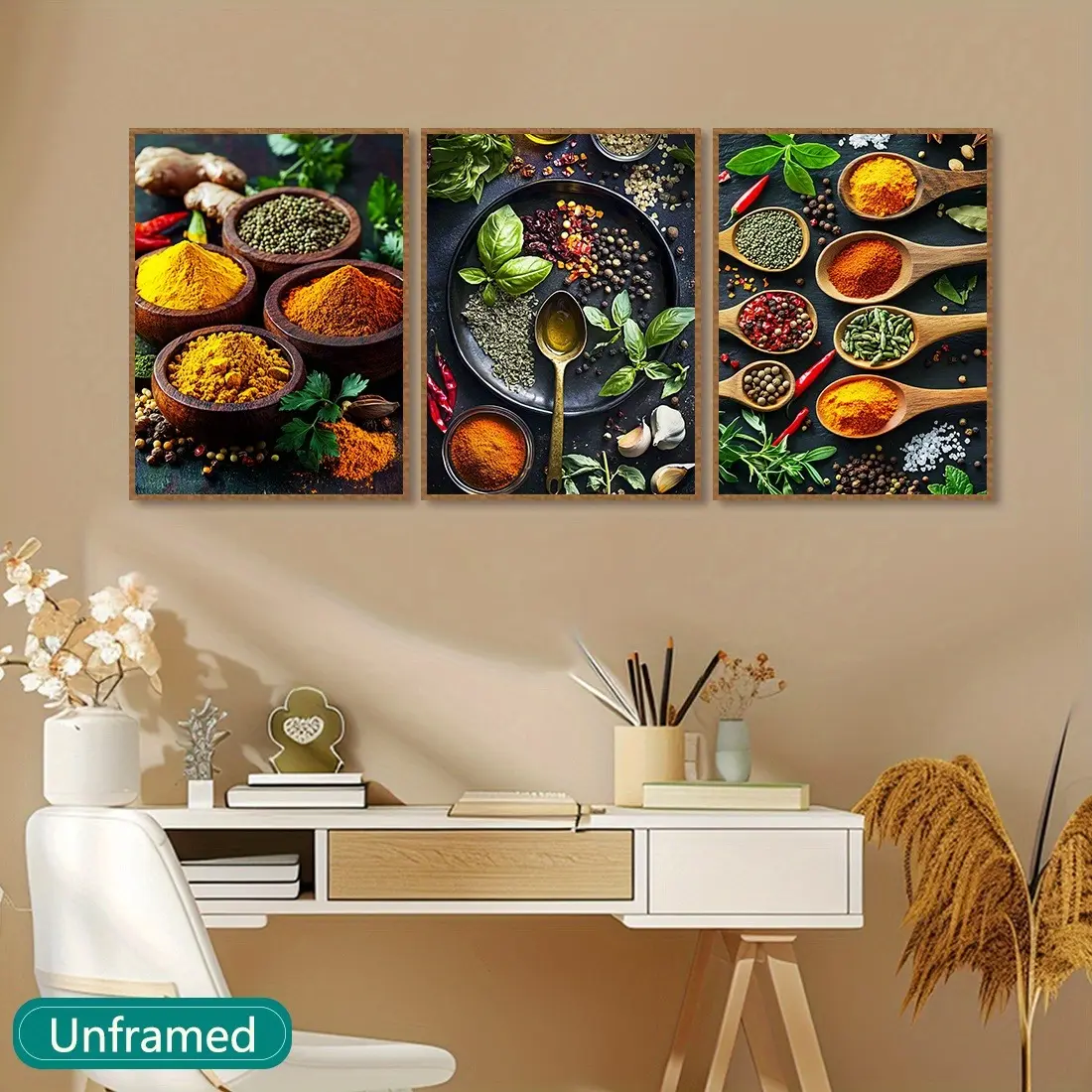 Contemporary 3-Piece Artistic Canvas Wall Art Print - Vibrant Spices, Peppers, Herbs Design, No Electricity, Featherless, General Fit - Kitchen, Room Decoration Retro Home Murals