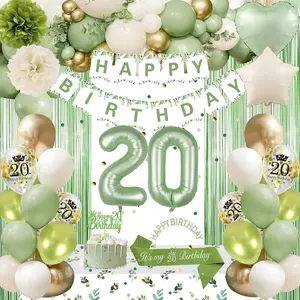 20Th Birthday Decorations, Sage Green 20Th Bday Decorations For Women Happy Birthday Banner Green Gold Balloons Crown Sash Fringe Curtain Tablecloth Cake Topper For Bday Decor