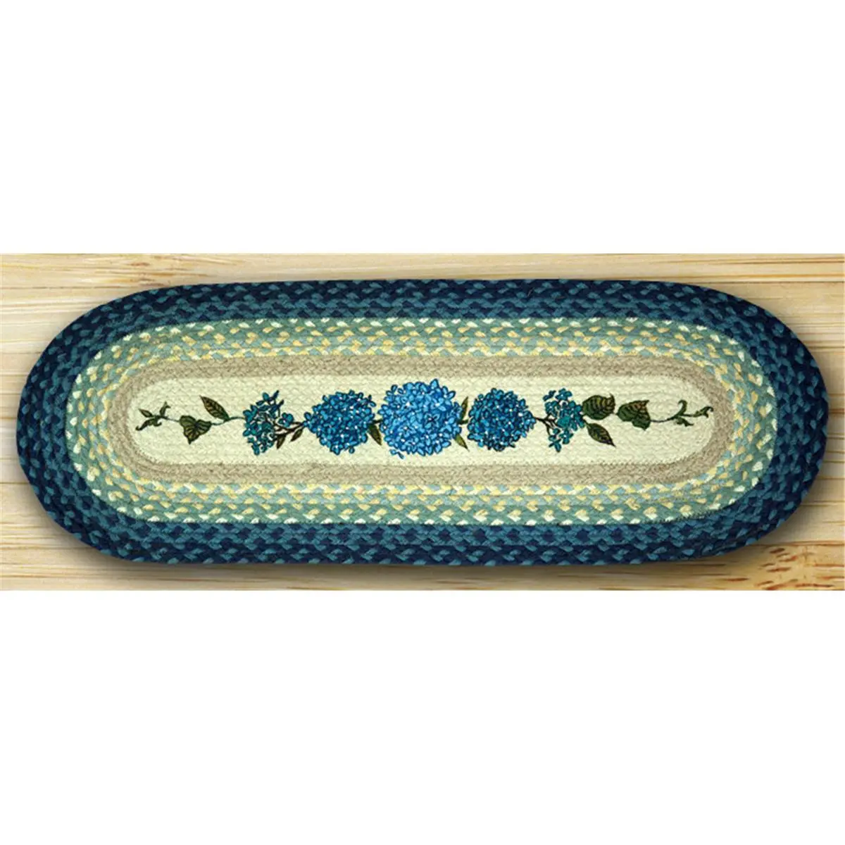212 MAIN Earth Oval Decorative Floor Runner Rug - Hand-Stenciled Design Patch-Printed, Blue Hydrangea, Natural Jute, Biodegradable, Eco-Friendly (68-362BH)