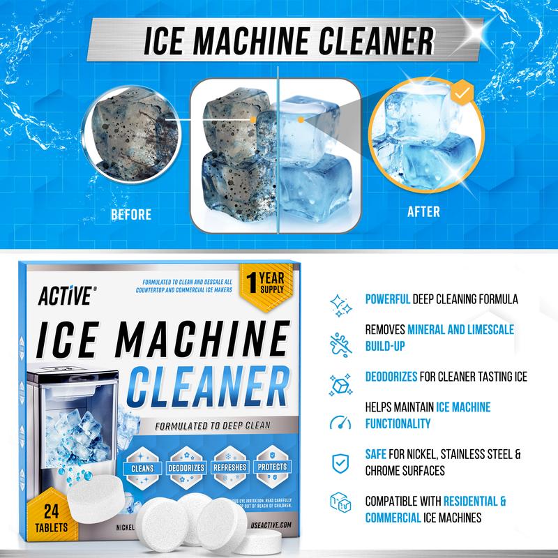Ice Machine Cleaner Maker Descaler - 24 ACTIVE Clean Tablets Compatible with Frigidaire, Opal, GE Profile, Kitchenaid, Nickel Safe Scale Remover for Countertop, Nugget Ice Makers  Bulk 1 Year Supply
