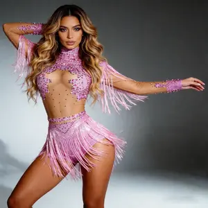 Women's Fitted Professional Latin Dance Bodysuit, Sparkly Pink Rhinestone Tassel High Neck Long Sleeve Tops, Tango-Salsa Competition Performance Costume