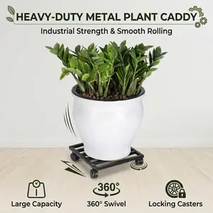 Heavy-Duty Metal Plant Caddy with Locking Wheels, 360 Swivel Rolling Plant Stand, Large Capacity Plant Pot Mover for Indoor & Outdoor Use, Black Wheeled Plant Dolly with Smooth Casters
