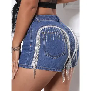 Party In The Back Fringe Back Denim Shorts with Pockets Polyester Womenswear