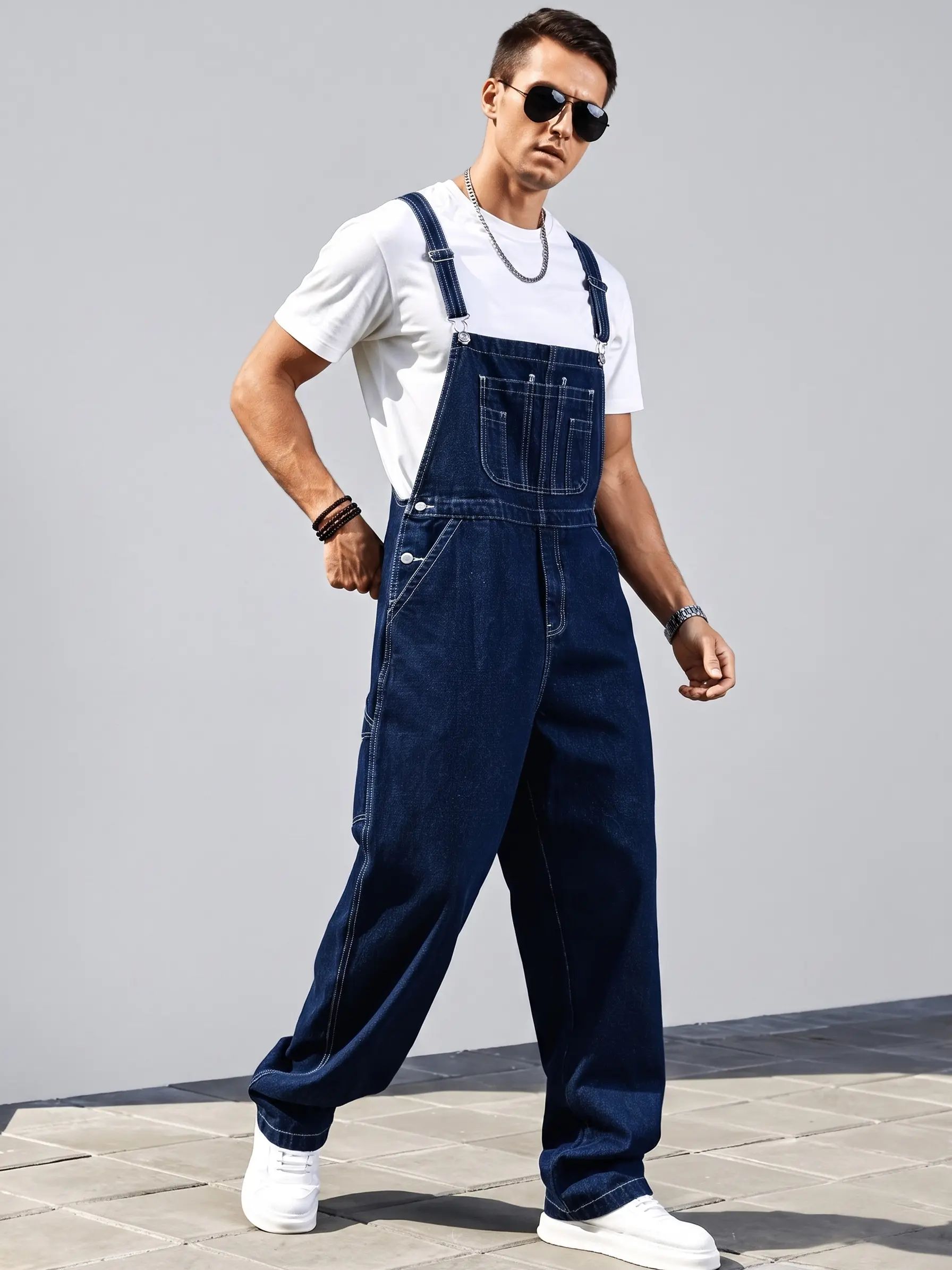 Men's Denim Bib Overalls Loose Fit Classic Workwear Jean Overalls Casual Adjustable Strap Jumpsuit with Multi Pockets for Work Daily Streetwear