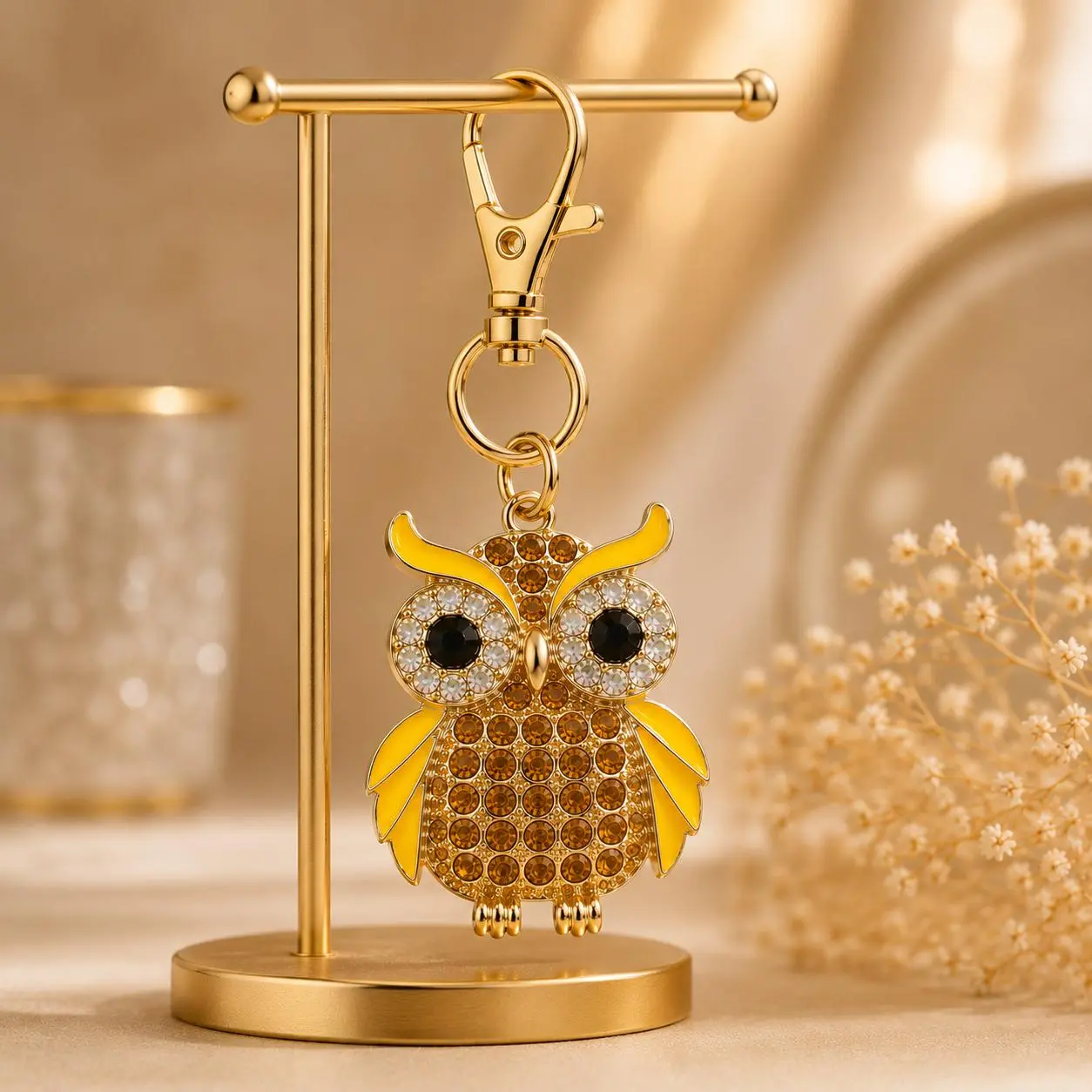 Women's Designer Owl Shape Keychain Charm - Metallic Decorative Attachment Hardware with Sparkling Yellow Rhinestones, Lightweight Compact for Handbags, Holiday/Party Use, Note: Small Ball Presents Choking Hazard