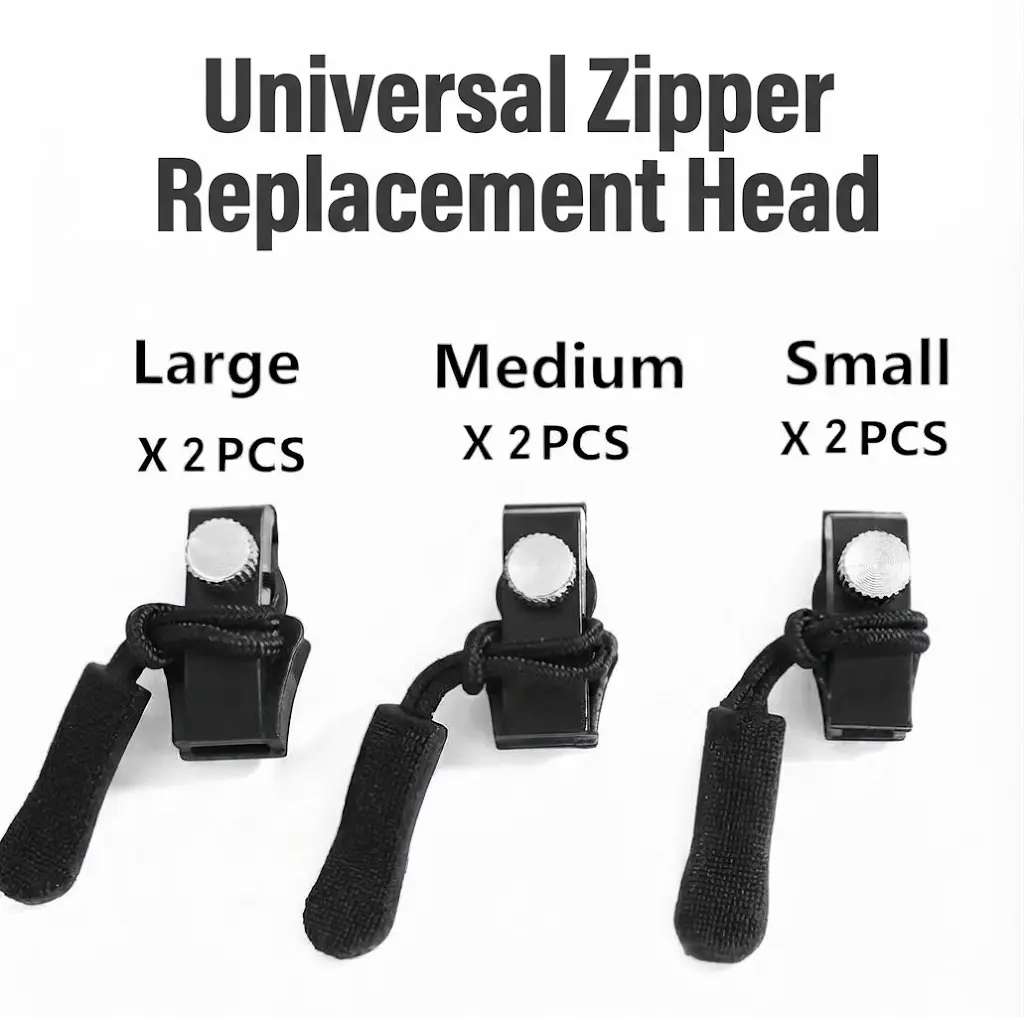 Universal Zipper Repair Kit – 6-Pack Assortment (2L, 2M, 2S) – Durable Replacement Zipper Heads for Jackets & Bags