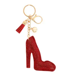 High Heels Rhinestone Tassel Keychain - Pink Glitter Shoe Charm with Gold Tone Hardware