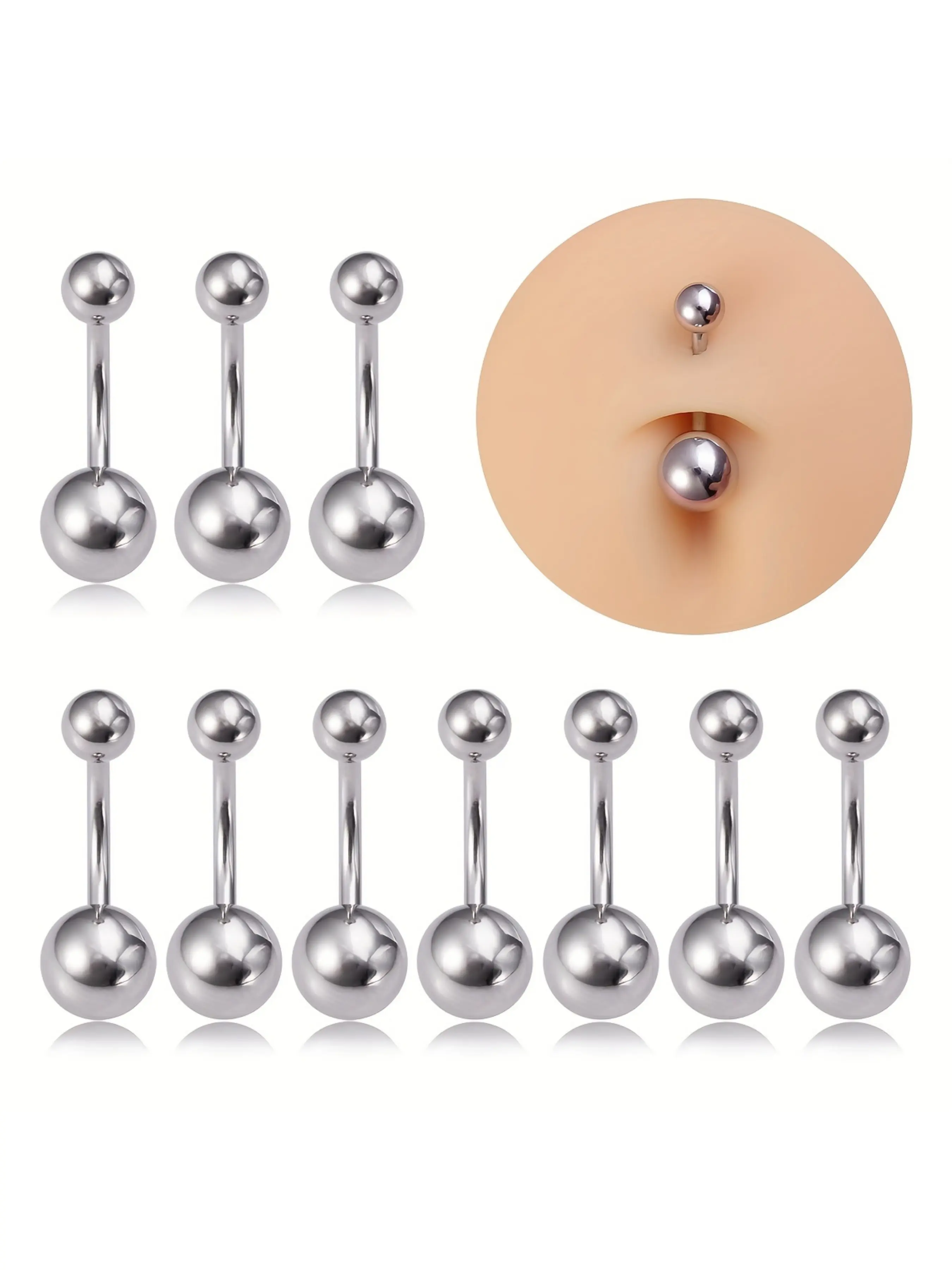 10pcs Stainless Steel Belly Button Rings, Bellybar, Navel Piercing Body Jewelry, 14 Gauge, Elegant Style, for Daily and Party Occasions