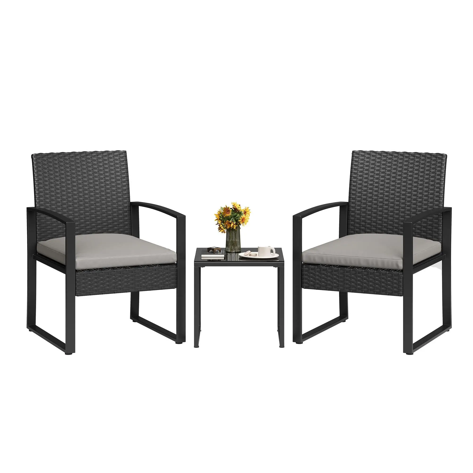 GARVEE 3 Piece Patio Bistro Set, PE Rattan Patio Conversation Set with Tempered Glass Coffee Table, All-Weather Wicker Bistro Table and Chairs Set for Patio, Garden, Balcony, Grey, Patio Furniture Sets, Outdoor Furniture Set