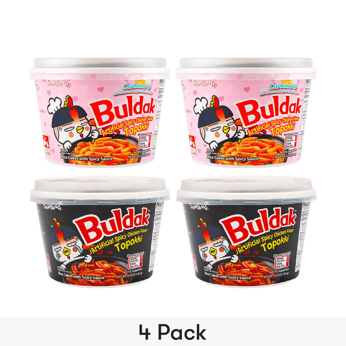 SAMYANG Korean Buldak Topokki,Spicy Fried Rice Cakes,Carbonara Flavor*2 & Hot Spicy Flavor*2,25.66oz【Value Pack】
