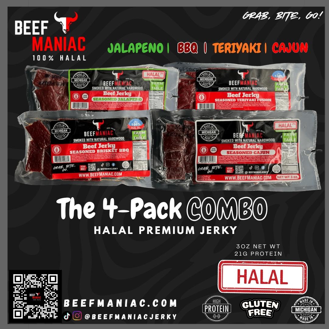 Halal Beef Jerky 4-Pack Combo Sampler by Beef Maniac | Natural Hardwood Smoked Premium Jerky Made in Michigan