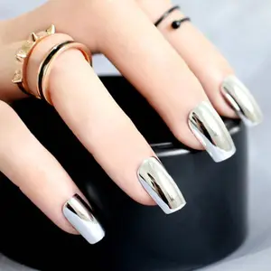 METALLIC *SILVER* Full Cover Square Chrome 24 Nail Tips Press On Glue Set!