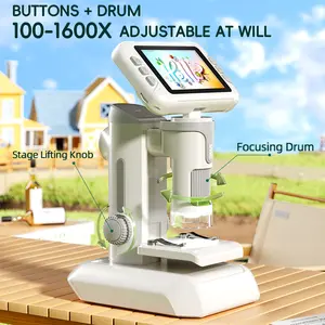 Kids Digital Microscope, 100-1600X Handheld & Stand 3-in-1 Portable Microscope with 4" HD Screen, Photo/Video Capture, 3-Level Lights, Multi-Screen Connectable, Educational Science Toy for Kids Students