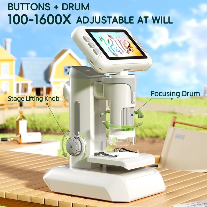 P01 Kids LCD Digital Microscope, 100-1600X 3-in-1 Handheld & Stand Portable Model with 4" Screen, Photo/Video Capture, 3-Level Lights, Multi-Screen Connectivity, Educational Science Toy for Kids Students