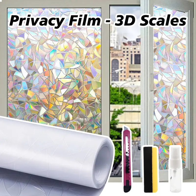 Window Film Static Cling No Glue 17.7*78.7in 3D Fish Scale Privacy Window Sticker UV Blocking Heat Insulation Light Filtering for Home Bedroom Bathroom Kitchen Renter Friendly