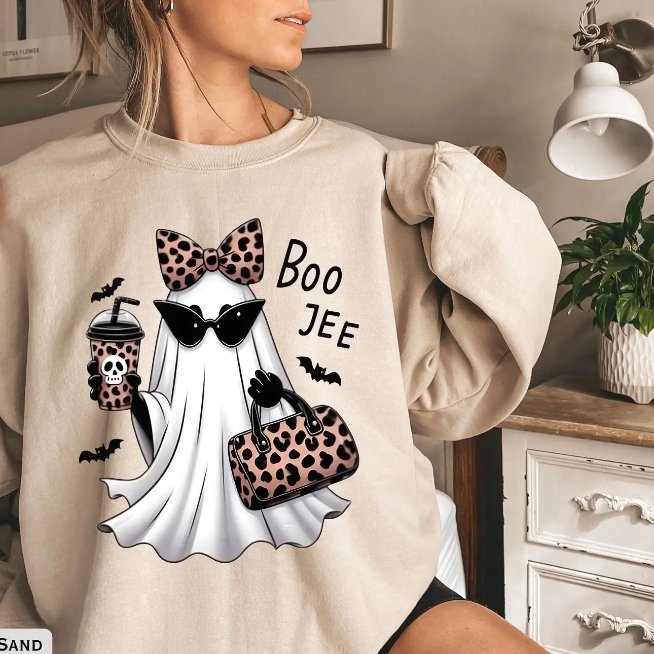 Boo Jee Ghost Halloween Sweatshirt, Leopard Ghost Coffee Crewneck, Girly Spooky Season Retro Fall Sweater, Cute Autumn Ghost Graphic Apparel, Trendy Spooky Vibes Clothes, Fall Aesthetic Halloween Gift for Women, Cozy Cute Ghost Lover Pullover