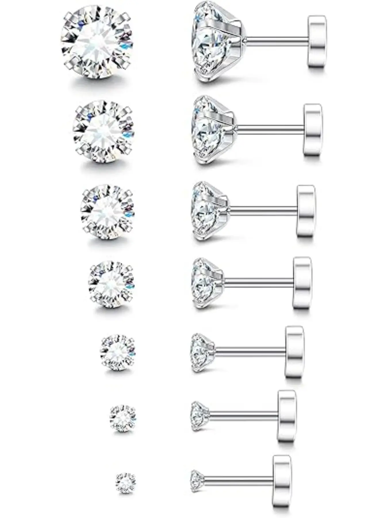 20g Hypoallergenic Flat Back Earrings, Silver Color 14k Gold Stainless Steel, Cubic Zirconia Studs, Surgical Steel Cartilage Earrings, Wedding Earrings, Earrings Jewelry, Earrings Set