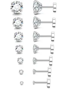 20G Hypoallergenic Flat Back Earrings Flat Pierced Earring for Women Men Silver 14K Gold Stainless Steel Stud Earrings Brithstone Cubic Zirconia Studs Surgical Steel Cartilage Earrings for Sensitive Ears