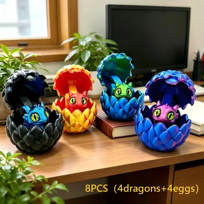 Random 8pcs(4dragons+4eggs) Gradient Color 3D Print Dragon Egg Statue, Mini Flexible Dragon Figure Ornament for Desk Decor