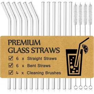 (R) 16-Pack  Glass Straws, Clear Glass Drinking Straws, 8.5''x10MM, Set of 6 Straight and 6 Bent with 4 Straw Cleaner Brushes, Shatter Resistant,  for Smoothies, Juice,
