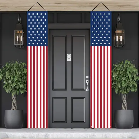 Pair Patriotic American Flag Porch Banners - 4th of July Outdoor Decorations, Durable Polyester Hanging Signs for Veterans Memorial Day, Labor Day, and Election Day Celebrations 12x71inch