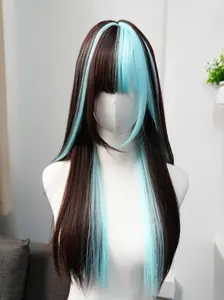 Mint Blue Highlights Straight Wig WIth Bangs, Medium Length, Comfortable Breathable Cap, Natural Look, 24 Inches, for Daily Use, Cosplay, Birthday Parties