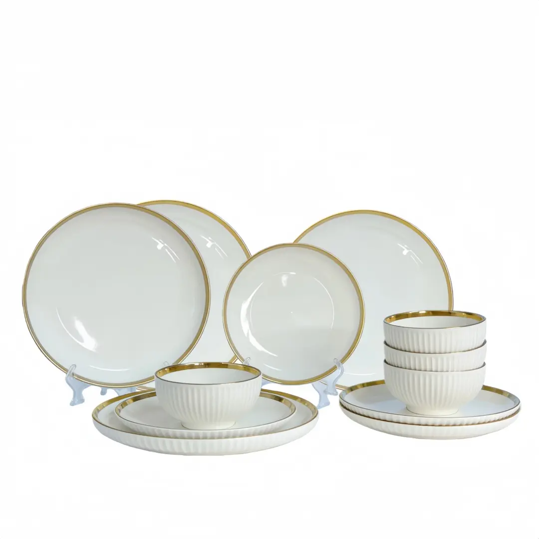 12-Piece Gold Rim Ceramic Dinnerware Set, Modern Tableware Sets, 4x10 Inch Plates, 4x8 Inch Plates, 4x4.53 Inch Bowls, Dishwasher & Microwave Safe, Dinnerware Service Set, Dishware Sets