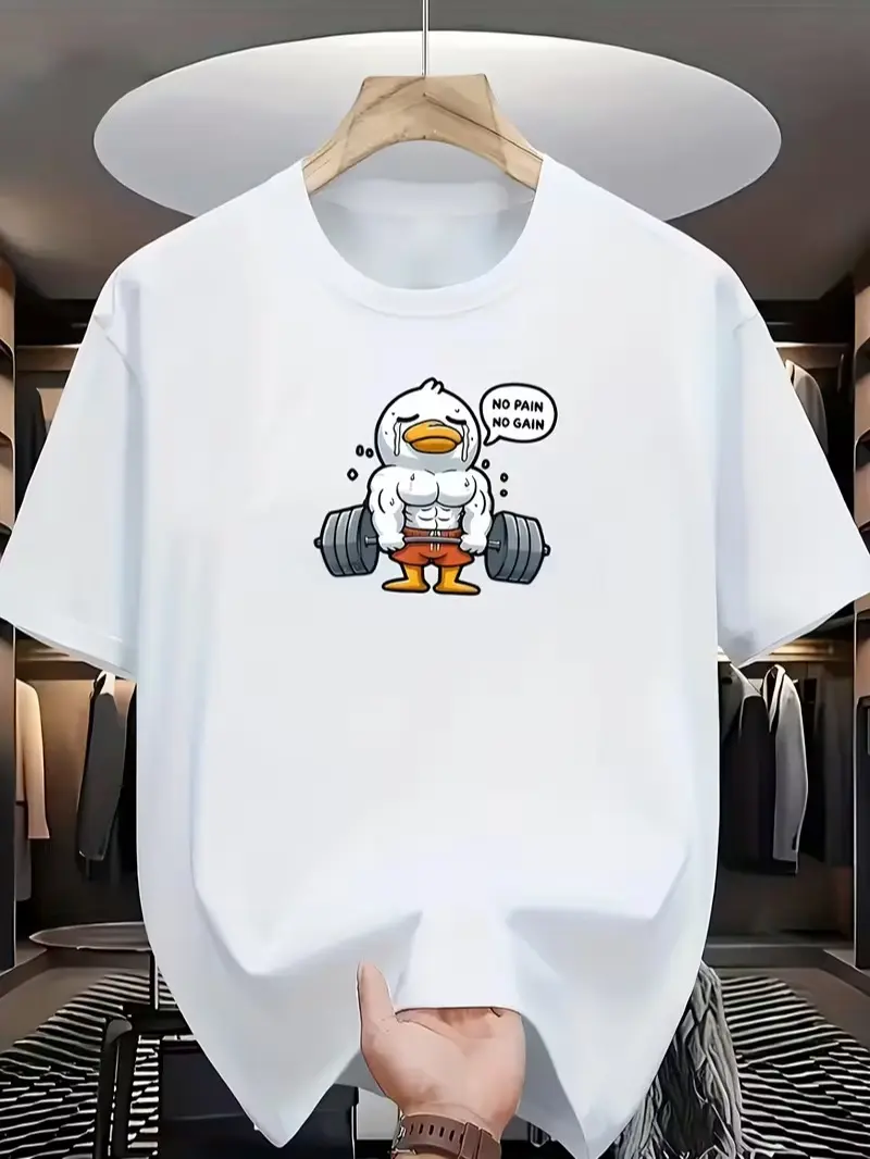 Funny Muscle Duck Gym T-Shirt with "No Pain No Gain" Slogan - Weightlifting Duck for Workout and Casual Summer Wear - Motivational Fitness Apparel