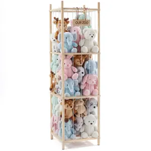 Stuffed Animal Storage, 54.35In Large Stuffed Animal Holder, Plushies Storage with Solid Wood Base&Elastic Cord, Space Save Zoo Toy Organizers for Playroom Bedroom Nursery