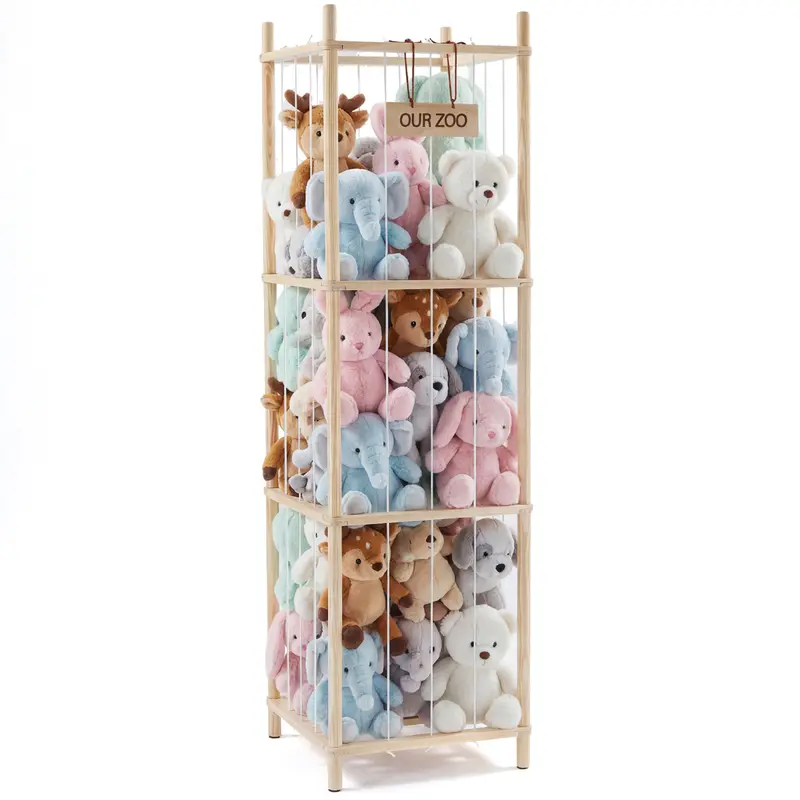 Sweetcrispy Large Stuffed Animal Storage Organizer Basket - 54.35in, Solid Wooden Base, Elastic Cord, Space-Saving for Playroom, Bedroom, Storage Organization Home Supplies