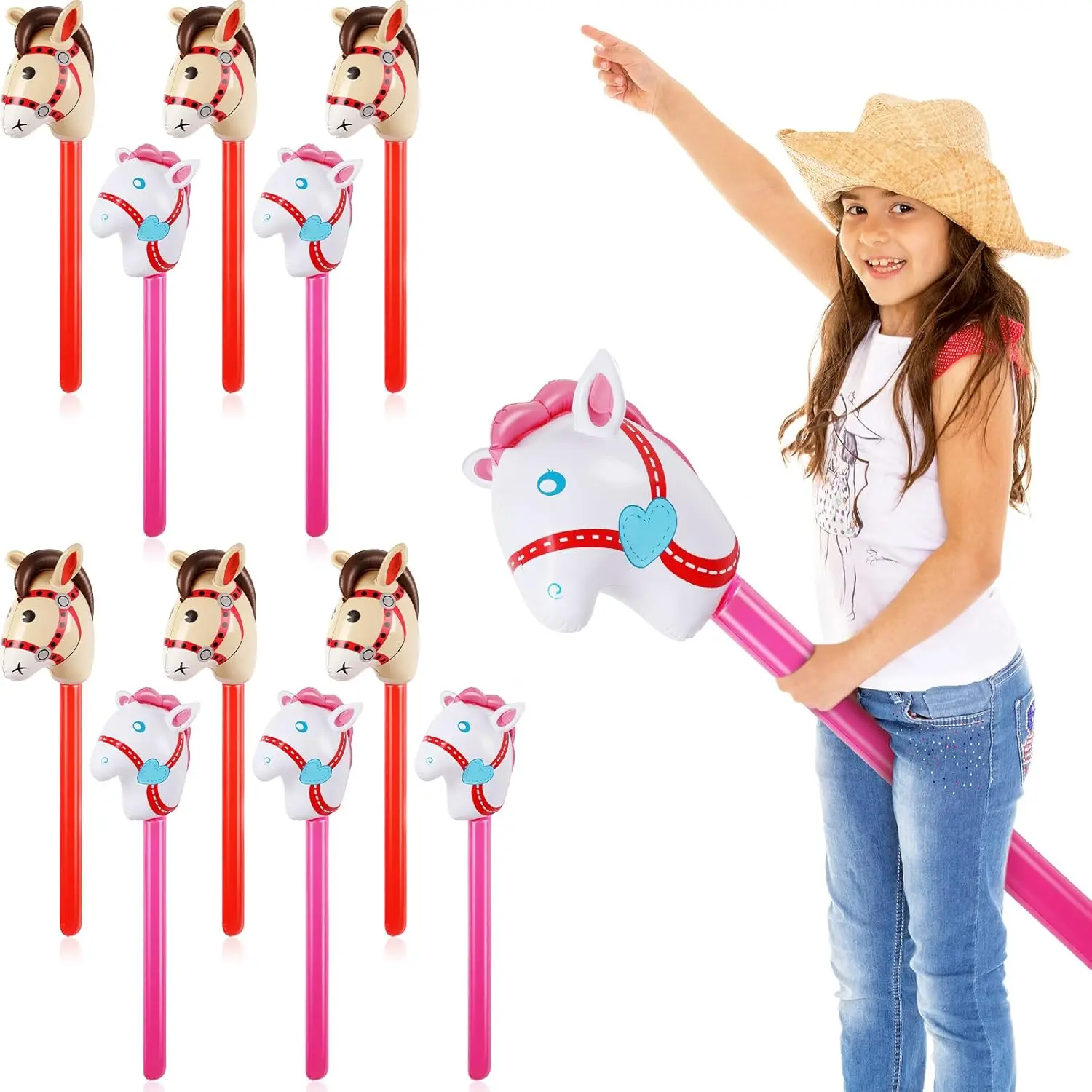 12 Pieces Inflatable Stick Horse Cute Horse Head Stick Blow up Balloon Colorful Cowboy Cowgirl Party Decorations for Themed Birthday Party(Pink and Red) tiktokshopspringglowup