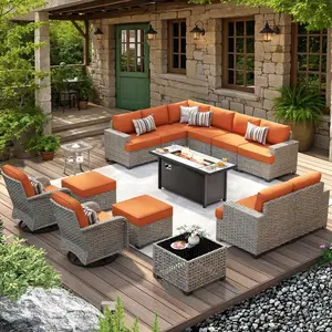 POUUIN Modern 15-Piece Woven Wicker L-Shaped Sectional Set, Outdoor Deep Cushion Couch Furniture with Firepit Table, Swivel Chairs, Ottomans