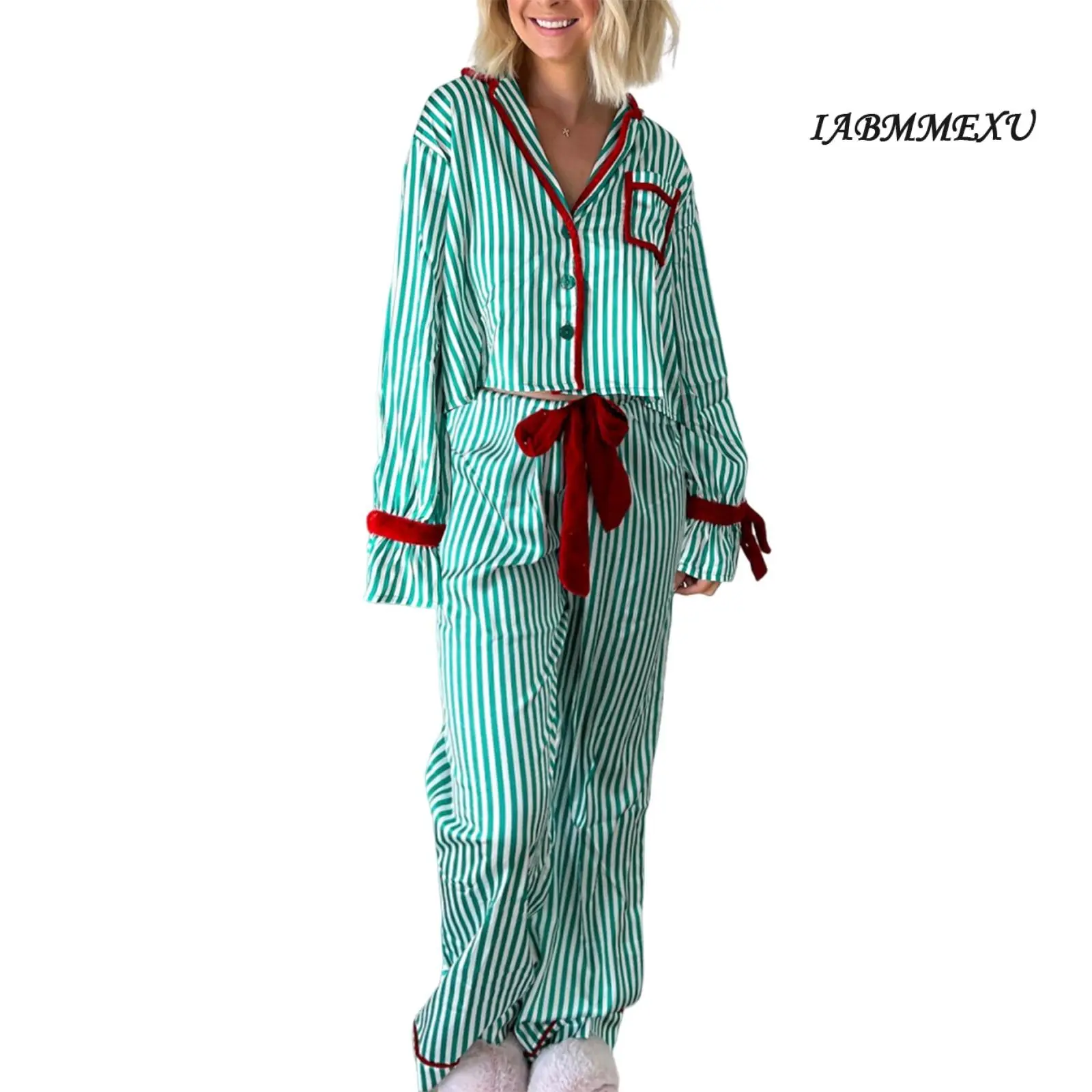 Striped Loungewear Christmas Pajamas Shorts Set Women Y2k Cute Bow Tie Pjs Button Up Shirt+Ruffle Shorts 2 Piece Sleepwear Womenswear Pants